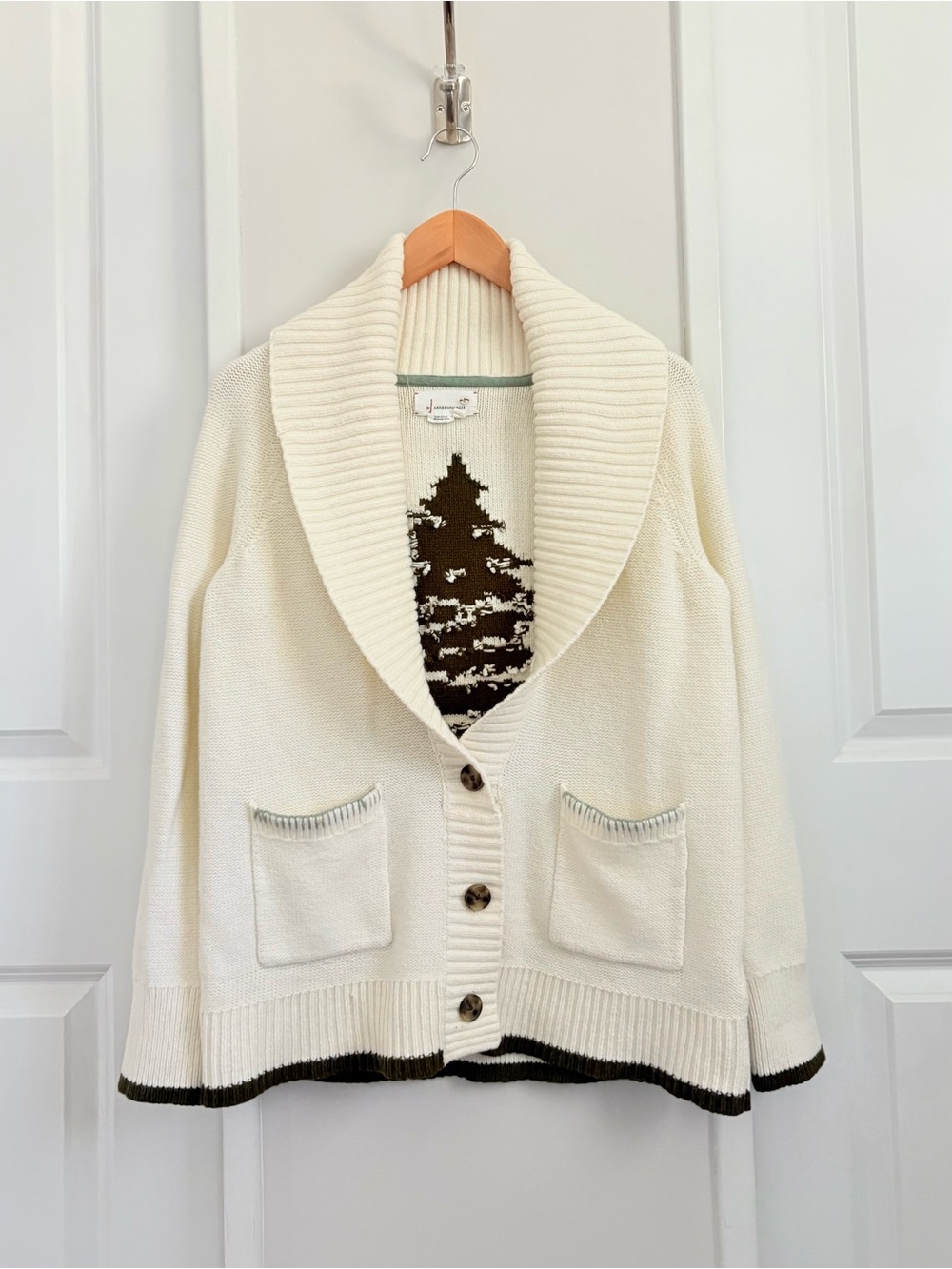 Anthropologie Pine Tree Shawl Collar Cabin Cardigan Ivory Size Medium